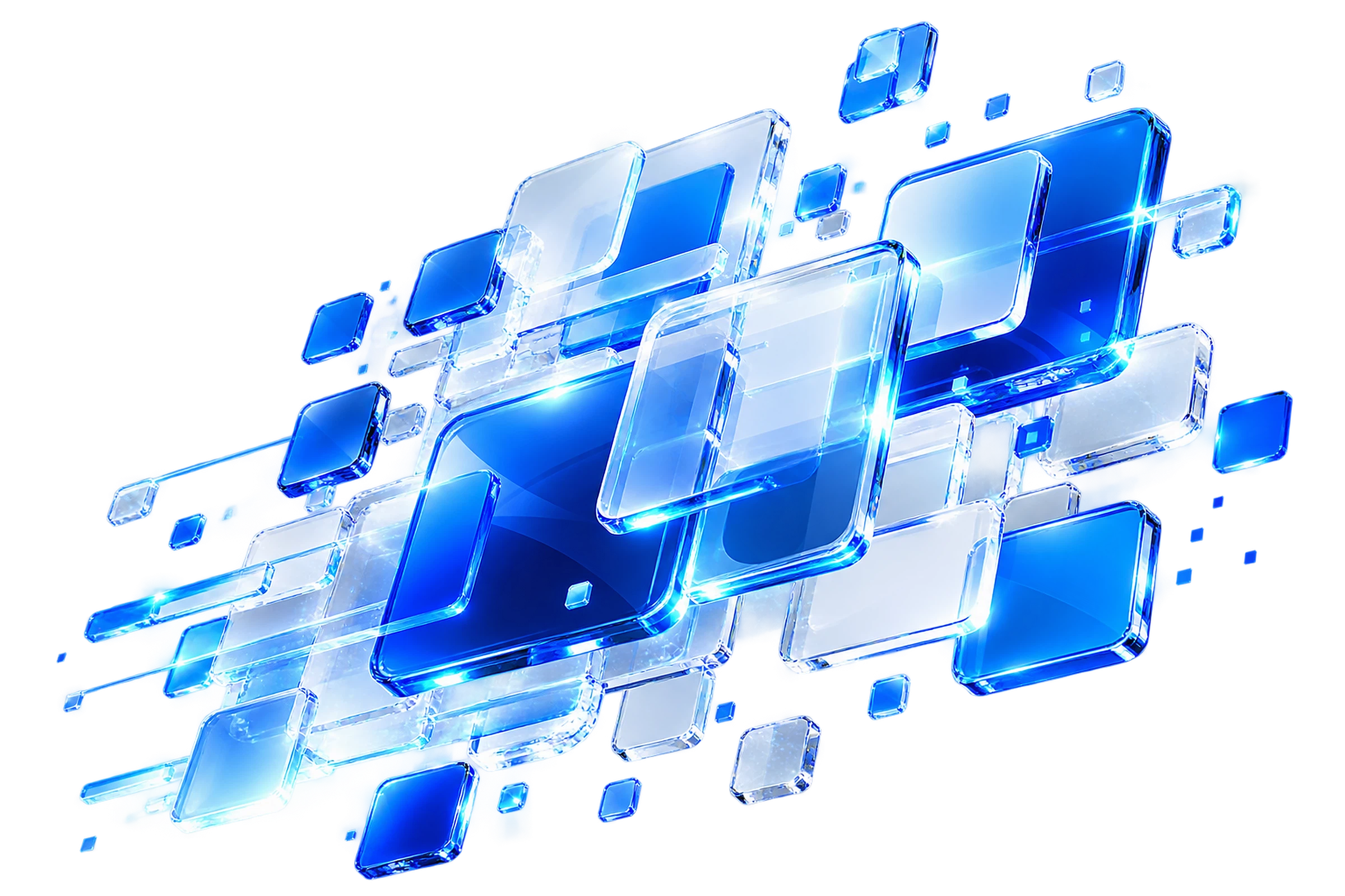 Glass-like linked data tiles illustrating a connected technology ecosystem